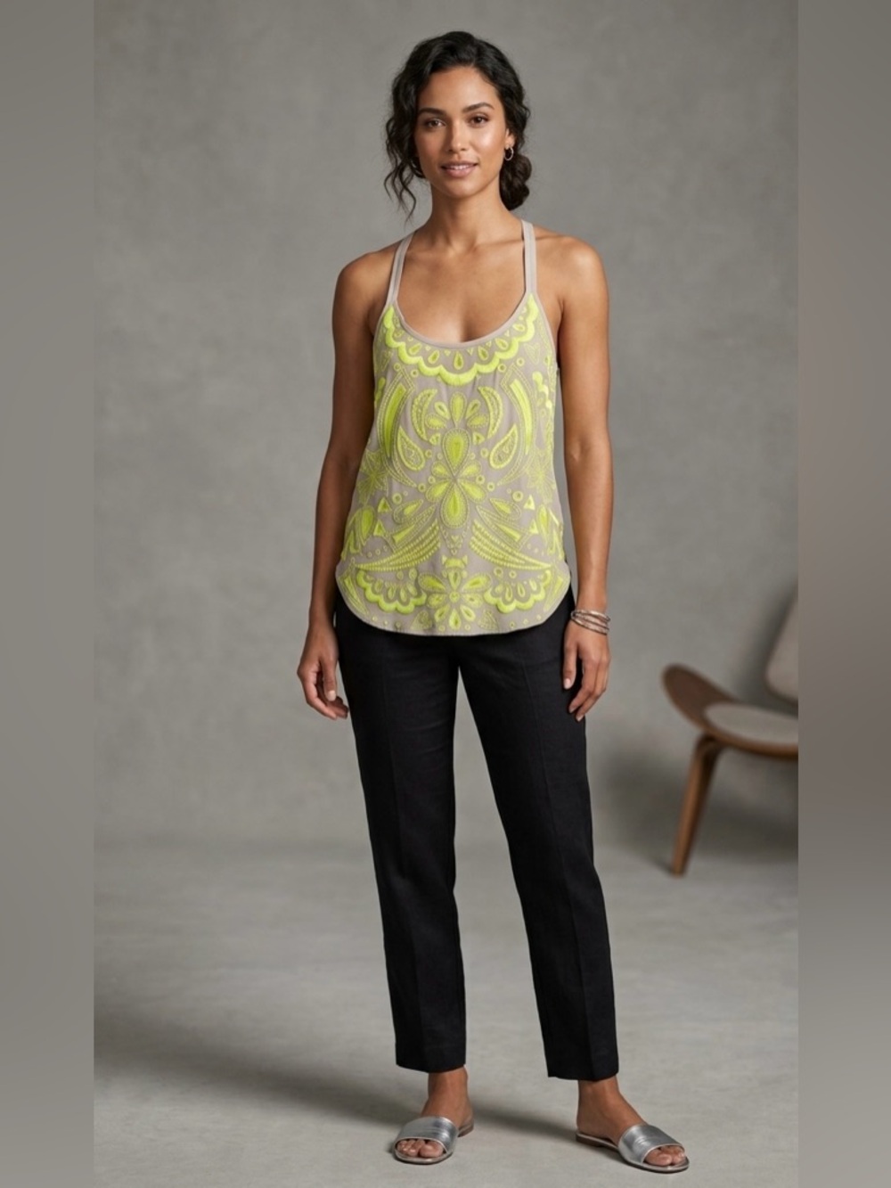 Trina Turk Embroidered‎ 100% Silk Tank Top Neon Yellow Glow Stick Size S